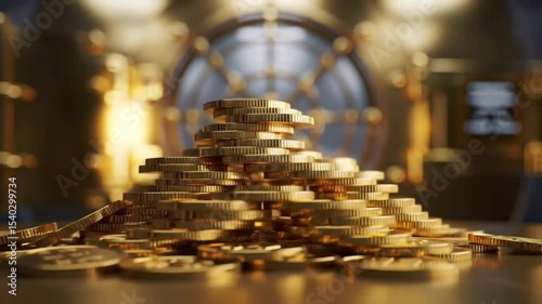 Stack of Gold Coins in Bank Vault Representing Wealth and Security