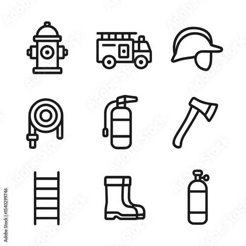 Firefighting Icon Set. Outline icon set of firefighting equipment: fire hydrant, fire engine, firefighter helmet, fire hose,
