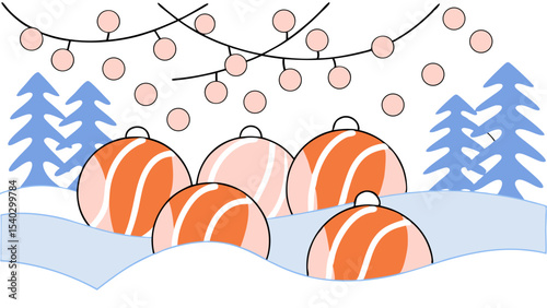 Festive Winter Scene with Christmas Ornaments and Snow