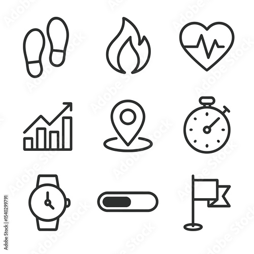 Fitness Tracker Icons. Outline icon set of fitness tracking metrics: step count, calorie burn, heart rate, pace chart, distance