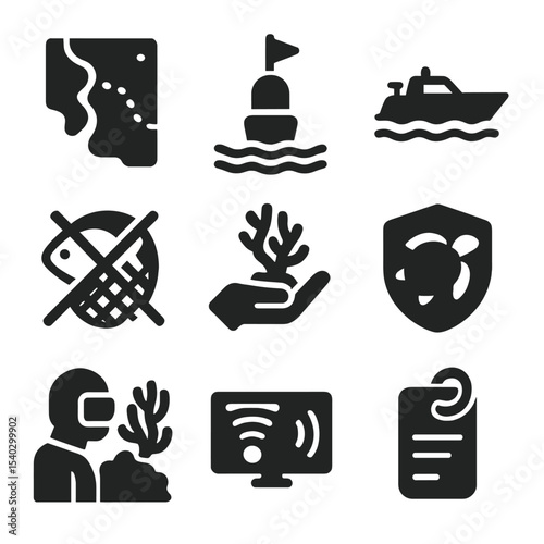 Marine Conservation Icons. Solid, filled icons set of marine conservation areas: marine zone map, conservation