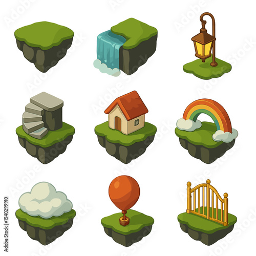 Floating Dream Islands. Isometric Flat icon set of floating dream islands: mossy rock island, waterfall edge, hanging lantern,