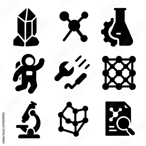 Material Science Icons. Solid, filled icons set of material science in space: crystal icon, molecular icon,