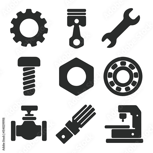 Mechanical Parts Icons. Solid, filled icons set of mechanical maintenance parts: gear icon, piston icon,