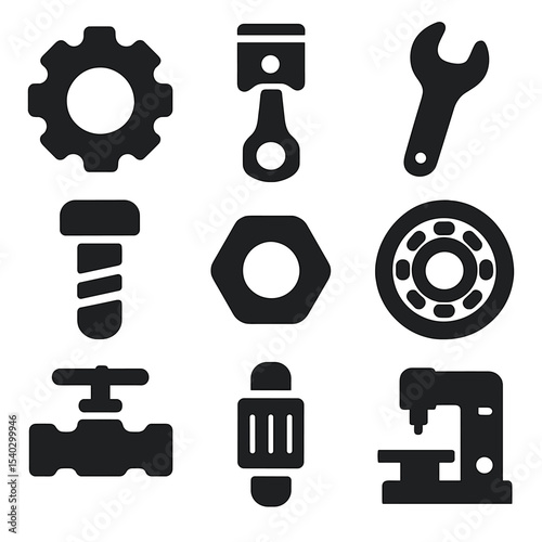 Mechanical Parts Icons. Solid, filled icons set of mechanical maintenance parts: gear icon, piston icon,