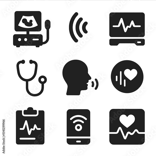 Medical Sound Diagnostics Icons. Solid, filled icons set of sound-based diagnostics in medicine: ultrasound