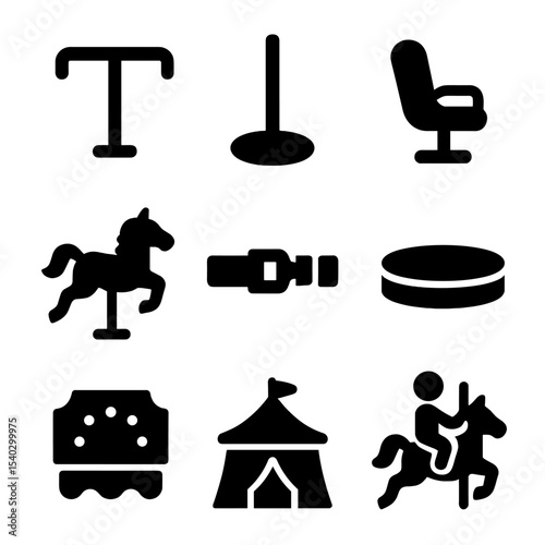 Merry-Go-Round Icons. Solid, filled icons set of merry-go-round handle: handle bar, round pole, carousel seat,