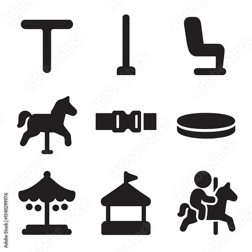 Merry-Go-Round Icons. Solid, filled icons set of merry-go-round handle: handle bar, round pole, carousel seat,