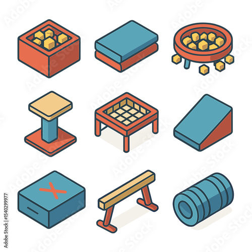 Foam Pit Icon Set. Isometric Flat icon set of foam pit variations: foam cube, gymnastics mat, trampoline edge, diving platform,