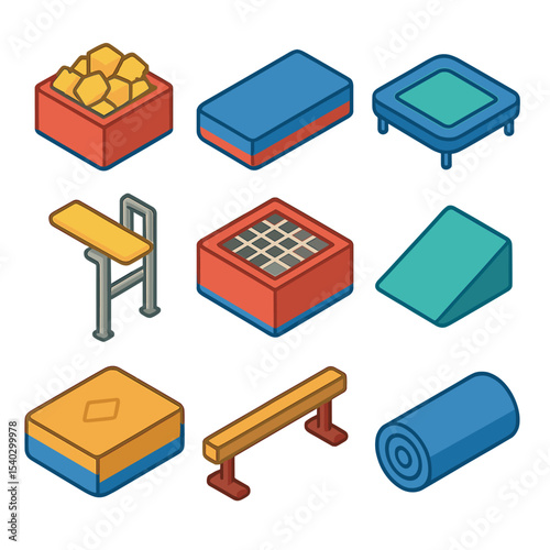 Foam Pit Icon Set. Isometric Flat icon set of foam pit variations: foam cube, gymnastics mat, trampoline edge, diving platform,
