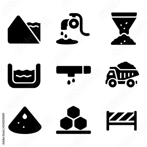Mine Waste Icon Set. Solid, filled icons set of mine waste and tailings control: tailings dam, sediment pump,