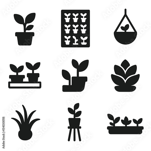 Mini Space Greenery Icons. Solid, filled icons set of small space greenery: mini potted plants, vertical