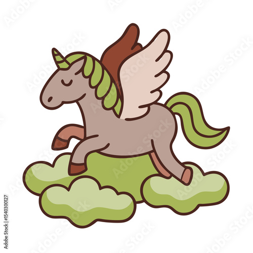 Cartoon pegasus flying on clouds with whimsical design  