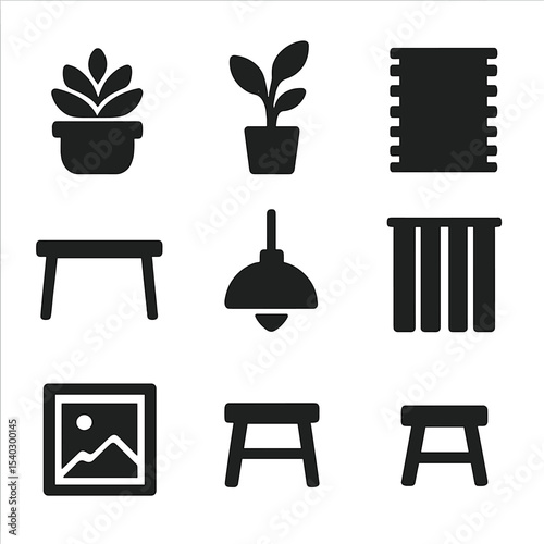 Minimalist Home Icons. Solid, filled icons set of minimalist home accents: potted succulent, floor plant,