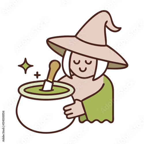 Cartoon witch stirring potion in cauldron with magic sparkles  