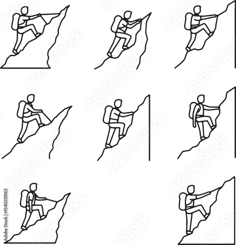 Mountain Climbing Climbers Ascent Adventure Line Art Illustrations Set