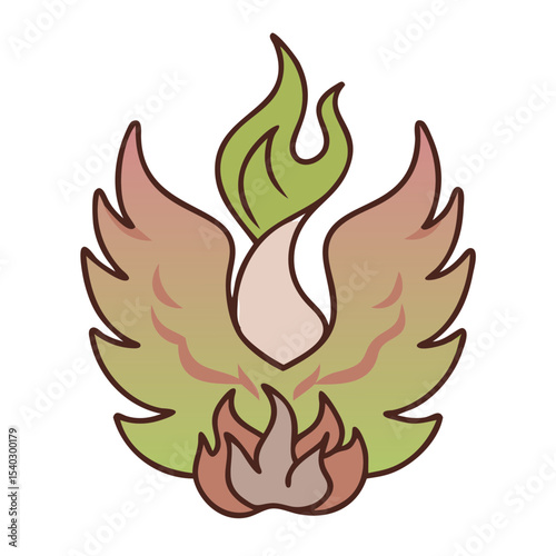 Stylized phoenix illustration with flames and wings in pastel colors  
