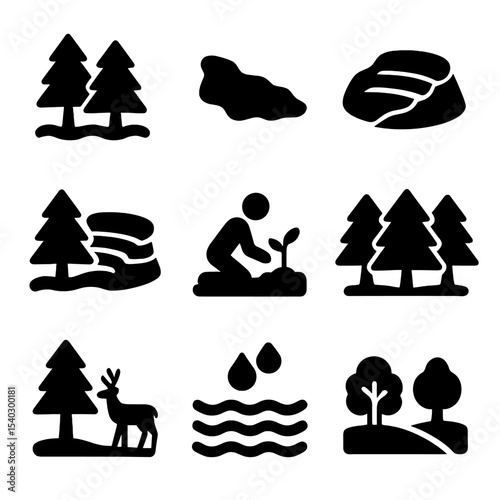 Mining Impact Icons. Solid, filled icons set of visual comparison before and after mining: untouched forest,