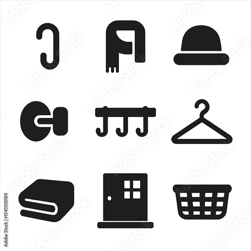 Minimalist Storage Icons. Solid, filled icons set of minimalist storage solutions: plain hook, simple scarf,