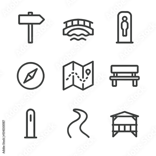 Forest Trail Icons. Outline icon set of forest trails: trailhead sign, wooden bridge, hiking marker, compass arrow, trail map,