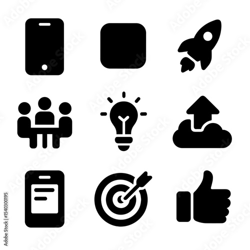 Mobile App Icons. Solid, filled icons set of mobile app launch: smartphone icon, app icon, rocket icon, team