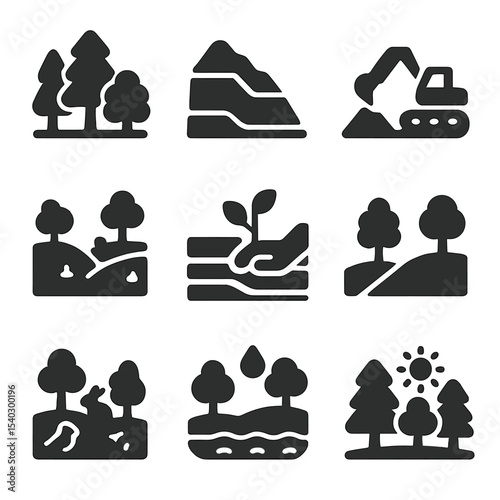 Mining Impact Icons. Solid, filled icons set of visual comparison before and after mining: untouched forest,