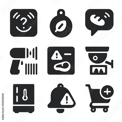 Modern Food Tech Icons. Solid, filled icons set of food storage and tracking tech: inventory sensor, freshness