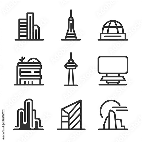 Futuristic Skyline Icons. Outline icon set of futuristic skyline: skyscraper silhouette, illuminated spire, glass dome, rooftop