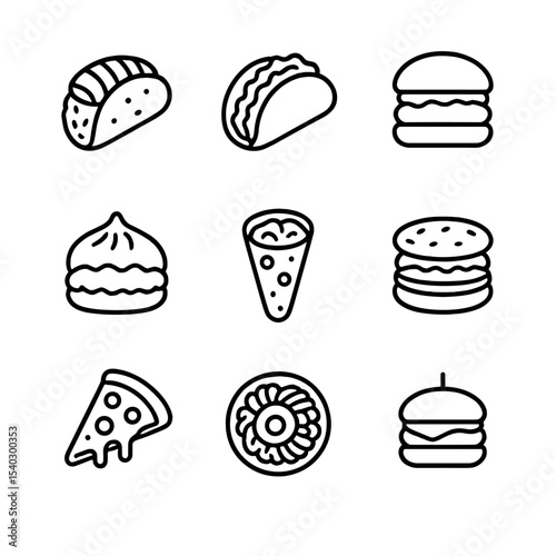 Fusion Cuisine Icons. Outline icon set of fusion cuisine experiments: sushi taco, kimchi taco, curry burger, BBQ bao, pizza cone,
