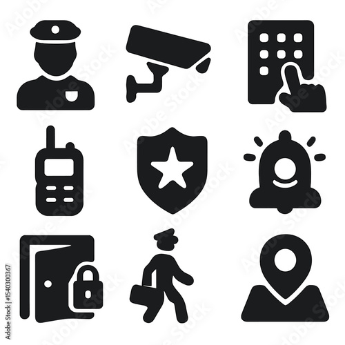 Modern Security Icons. Solid, filled icons set of modern security monitoring: guard icon, surveillance camera,