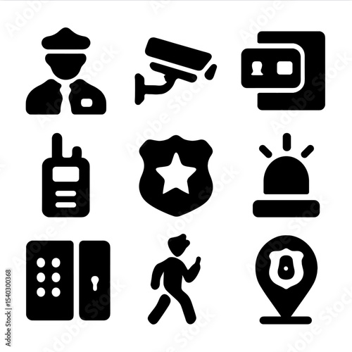 Modern Security Icons. Solid, filled icons set of modern security monitoring: guard icon, surveillance camera,