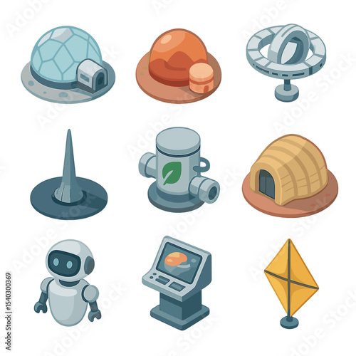Futuristic Space Icons. Isometric Flat icon set of futuristic space settlement concepts: lunar base dome, Martian colony dome,