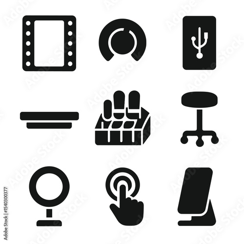Modern Vanity Icons. Solid, filled icons set of modern LED vanity stations: LED mirror, dimmer switch, USB