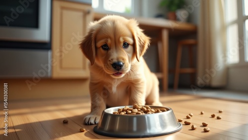 Un cachorro golden retriever curioso y juguetón, se sienta en el cálido y soleado suelo de una cocina