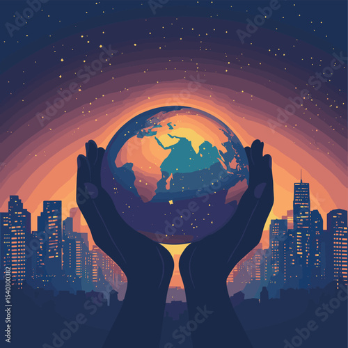Hands holding planet Earth over a city skyline at dusk