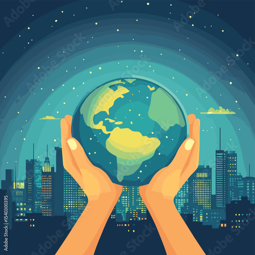 Hands holding planet Earth over a city skyline at dusk