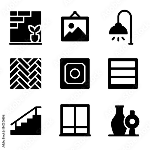 Modern Home Icon Set. Solid, filled icons set of creative home interiors: feature wall, art piece, custom