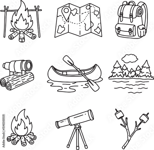 Camping Adventure Canoeing, Campfires, and Stargazing Icons