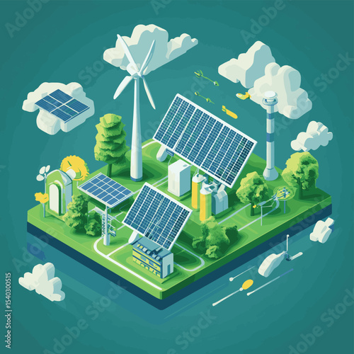 3D Isometric Flat Vector Conceptual Illustration of Sustainable and Renewable Energy, Innovative Green Technologies, vector style simple color