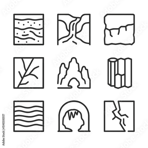 Geology Outline Icons. Outline icon set of waterfall geology: sediment layer, erosion pattern, bedrock, mineral vein, karst