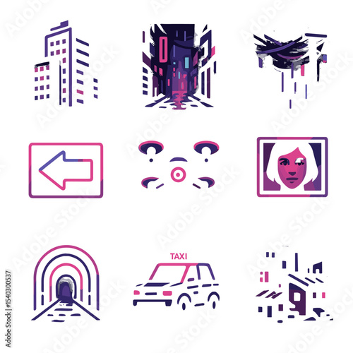 Neon Dystopian Icons. Solid, filled icons set of neon-lit dystopian cities: high-rise block, rain-soaked alley