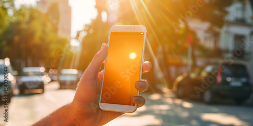 Human hand holding overheated smart phone with cityscape in the background. Heat wave and climate change.
