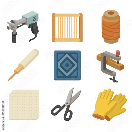 Geometric Rug DIY Tools. Isometric Flat icon set of geometric rug DIY tools: tufting gun, weaving loom frame, yarn spool,