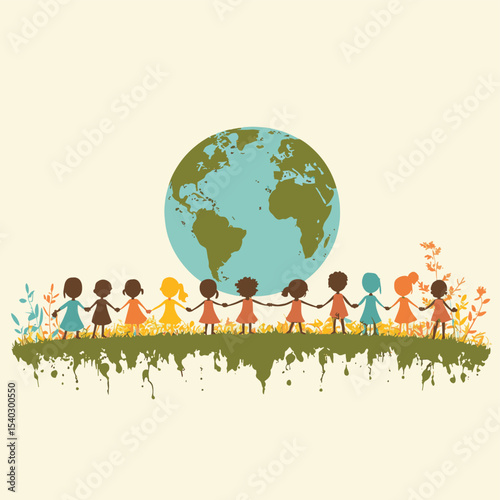 Earth Day Stylized Silhouettes of Diverse Children Holding Hands, Globe Background , vector style simple color