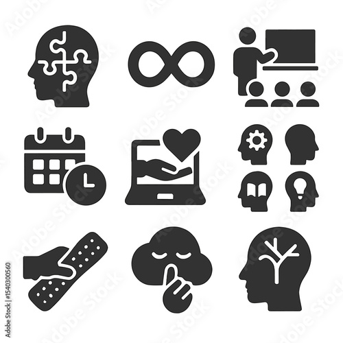 Neurodiversity Education Icons. Solid, filled icons set of neurodiversity in education: puzzle brain, spectrum