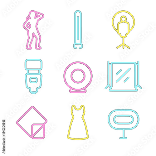 Neon Fashion Icon Grid. Solid, filled icons set of fashion photography with neon lights: model pose, neon tube