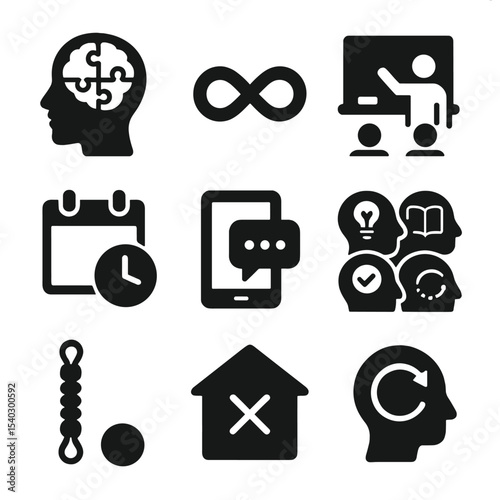 Neurodiversity Education Icons. Solid, filled icons set of neurodiversity in education: puzzle brain, spectrum