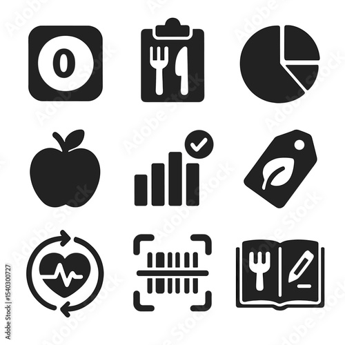 Nutrition Icon Grid. Solid, filled icons set of nutrition and diet tracking: calorie count icon, meal log,