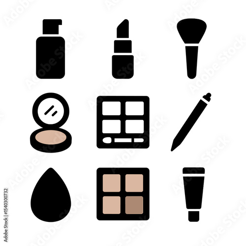 Nude Makeup Icons. Solid, filled icons set of perfect nude makeup routine: foundation bottle, nude lipstick,
