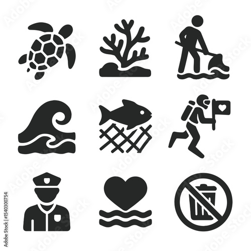 Ocean Protection Icons. Solid, filled icons set of ocean and marine protection: sea turtle, coral reef,